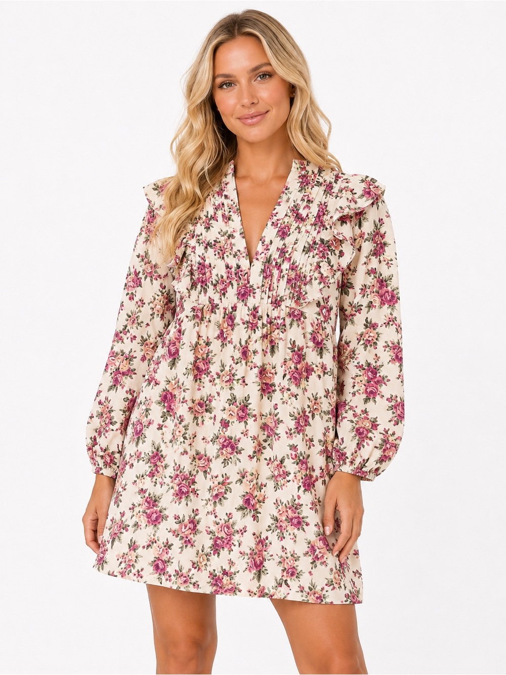 NWT Umgee Size Small Floral Ruffle Long-Sleeve Mini Dress - Cream/Pink